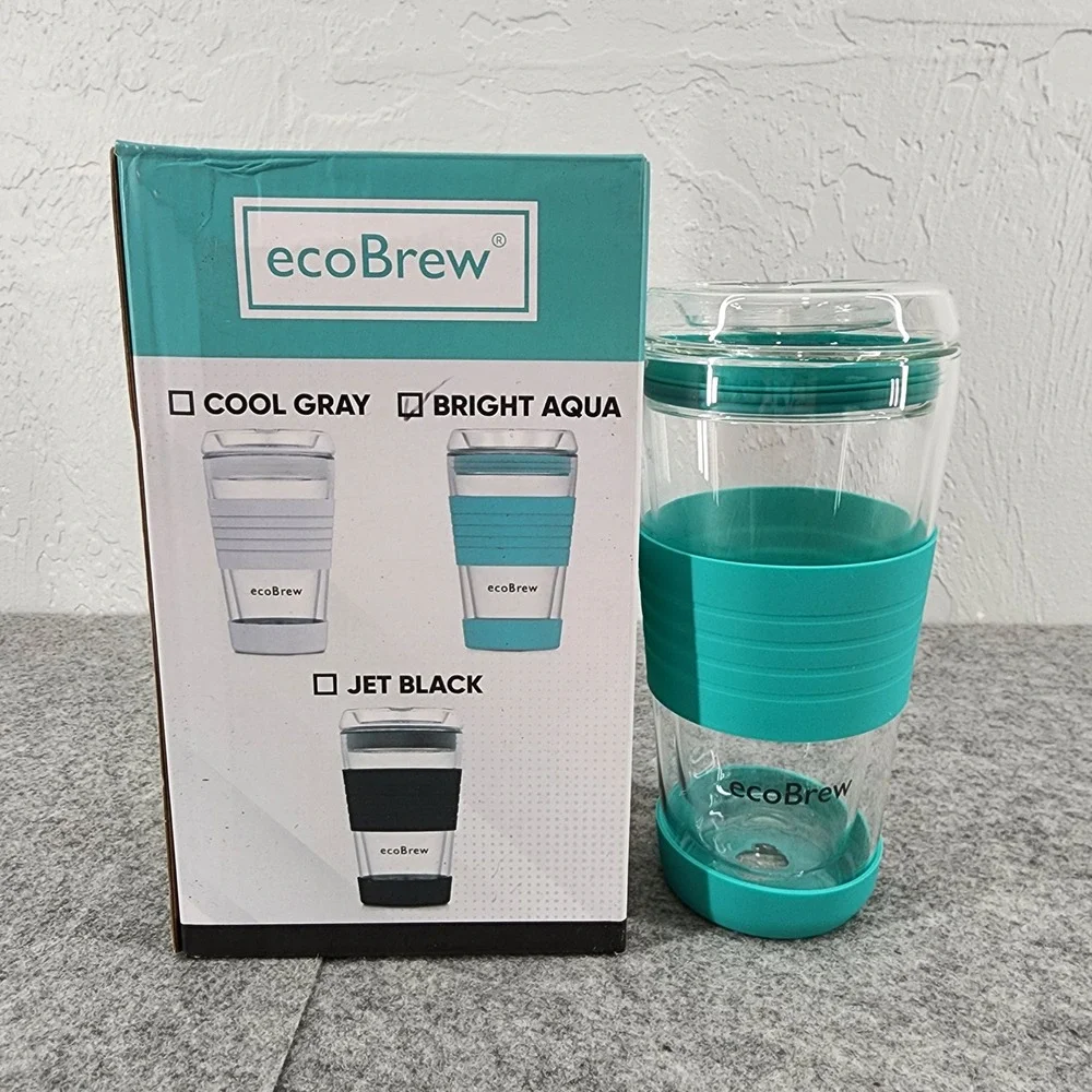 ecoBrew 16oz Bright Aqua Glass Travel Mug Silicone Sleeve Reusable Coffee Cup